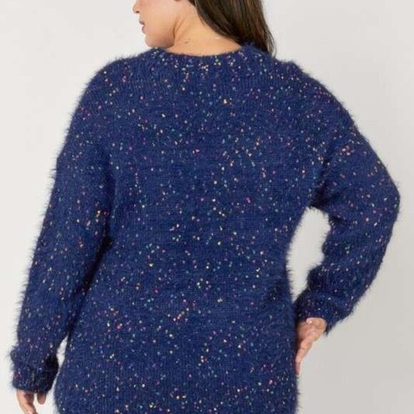 DAVI & DANI Plus Size Navy Blue Fuzzy Sweater with Multicolor Speckles - Picture 4 of 5